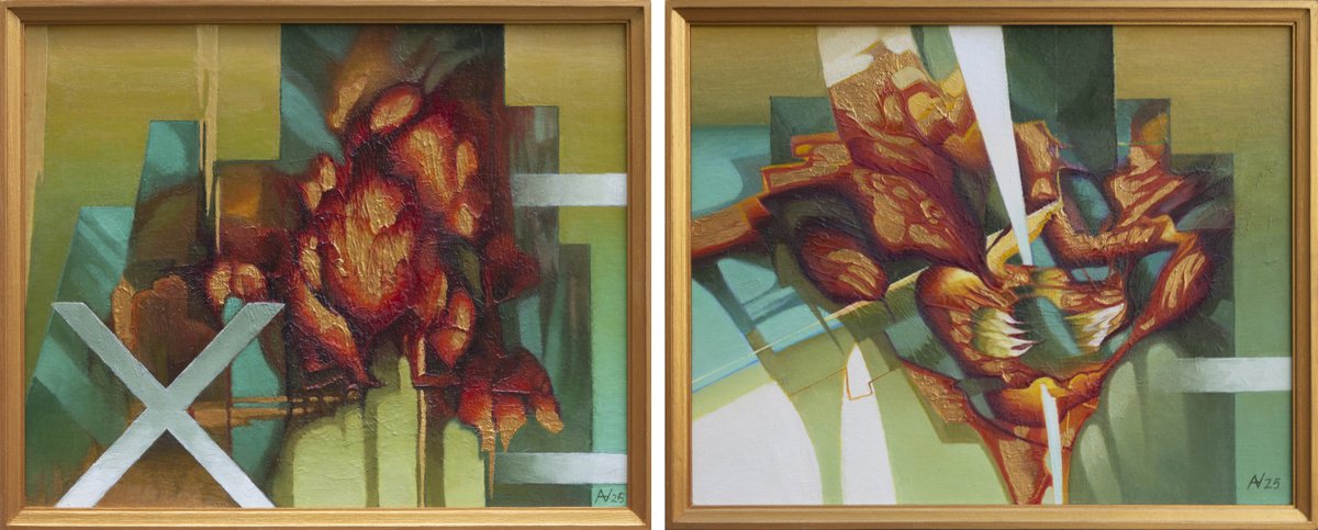 Abstract Oil Painting By Oleksii Vylusk, 41 X 17", Diptych "Creativity", Original Artwork