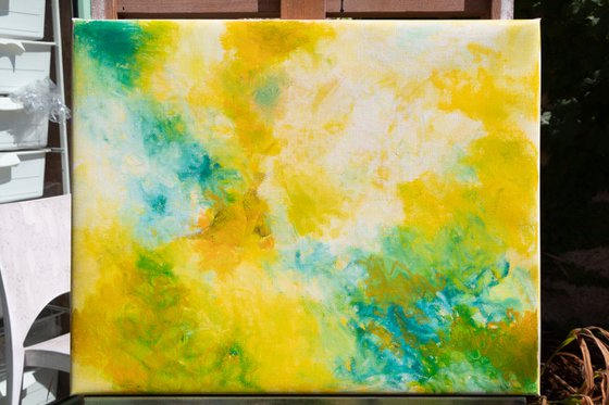 Light abstract in yellow and turquoise blue - Oil painting Ideal gift Ready to hang Home Decoration design Interior decor