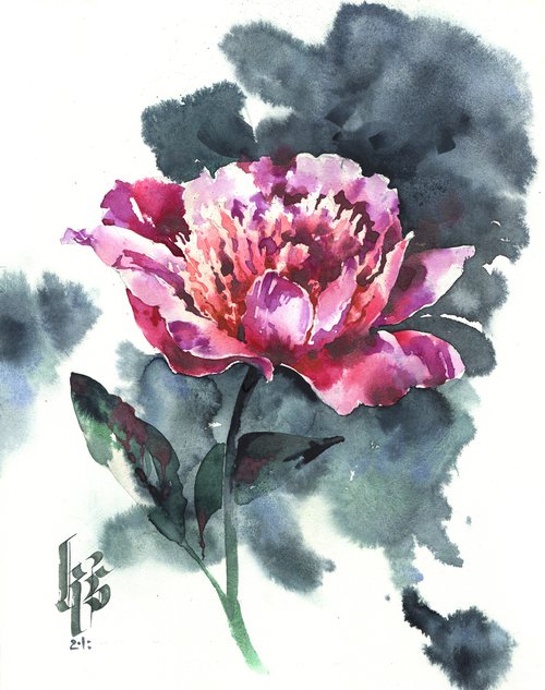 "Scent of a peony flower on a summer evening" original modern expressive watercolor flower on gray background by Ksenia Selianko
