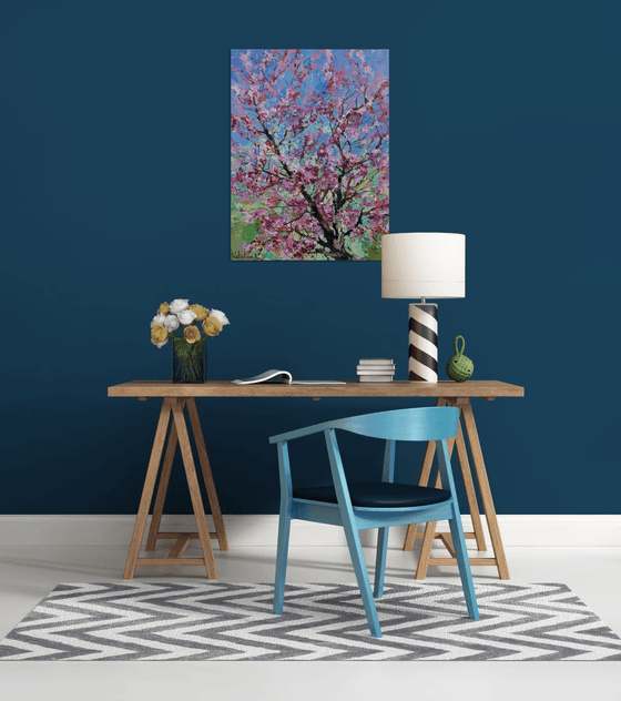 Flowering peach tree Original oil painting
