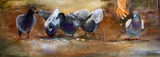 Feeding Pigeons at the Park Original Oil Painting Framed