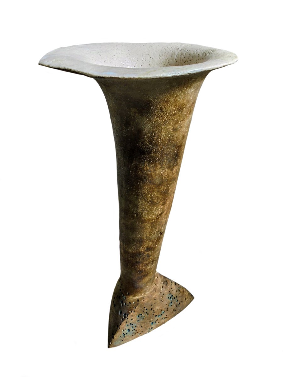 Organic Abstract Clay Sculpture By Rossitza Trendafilova, 7 X 16", "Snow White Funnel", Original Artwork