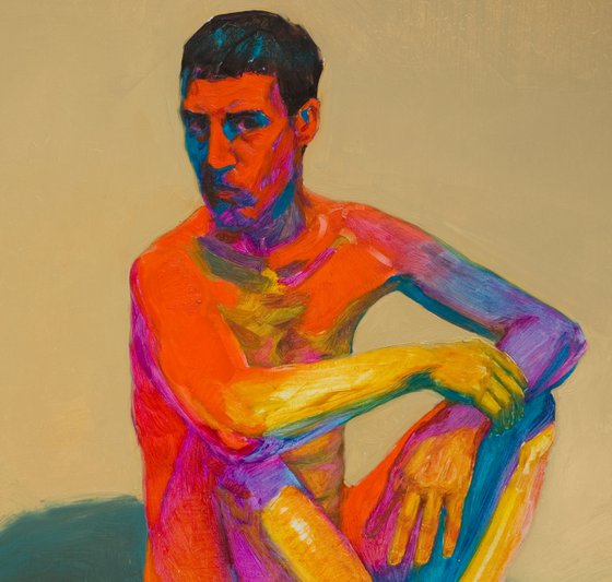 modern pop art portrait of a nude man in yellow red blue and ocher