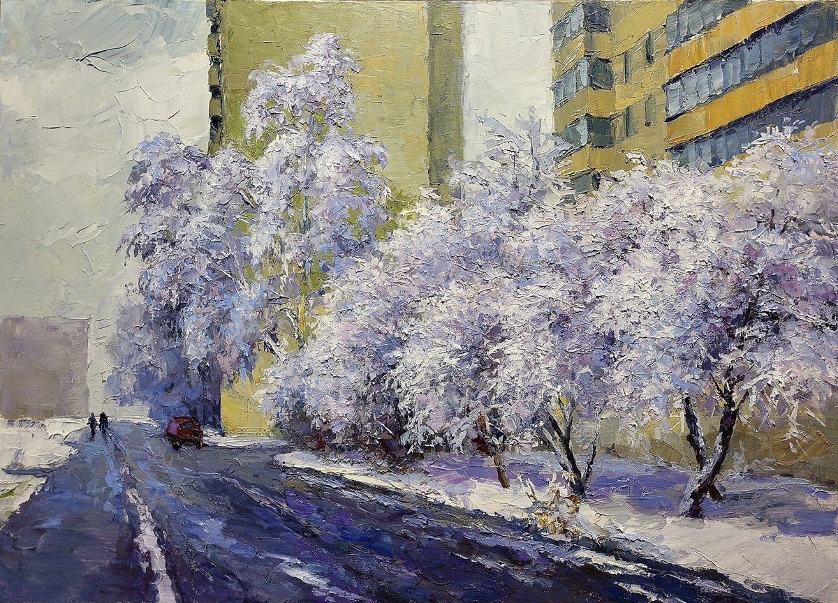 Impressionistic Landscape Oil Painting By Boris Serdyuk, 28 X 20, Winter Street, Original Artwork