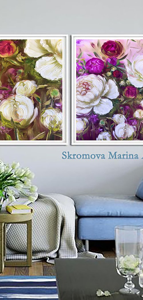 DOUBLE TREASURE - Peonies. Pink flowers. Floral decor. White peonies. A blooming garden.  Magnificent. Petals. Fuchsia. Softness. by Marina Skromova