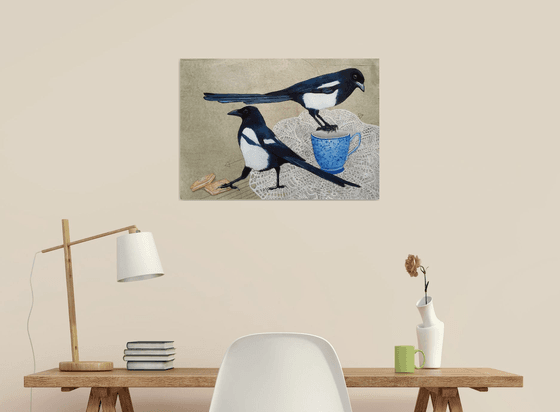 Garden party  ( magpies, tea and biscuits mixed media painting )