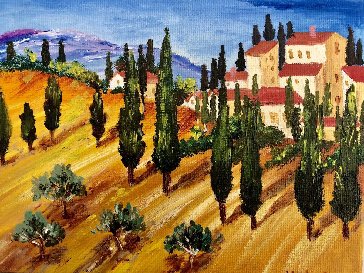 Impressionistic Landscape Oil Painting By Inna Montano, 8 X 6, Cypress Of Tuscany, Original Artwork