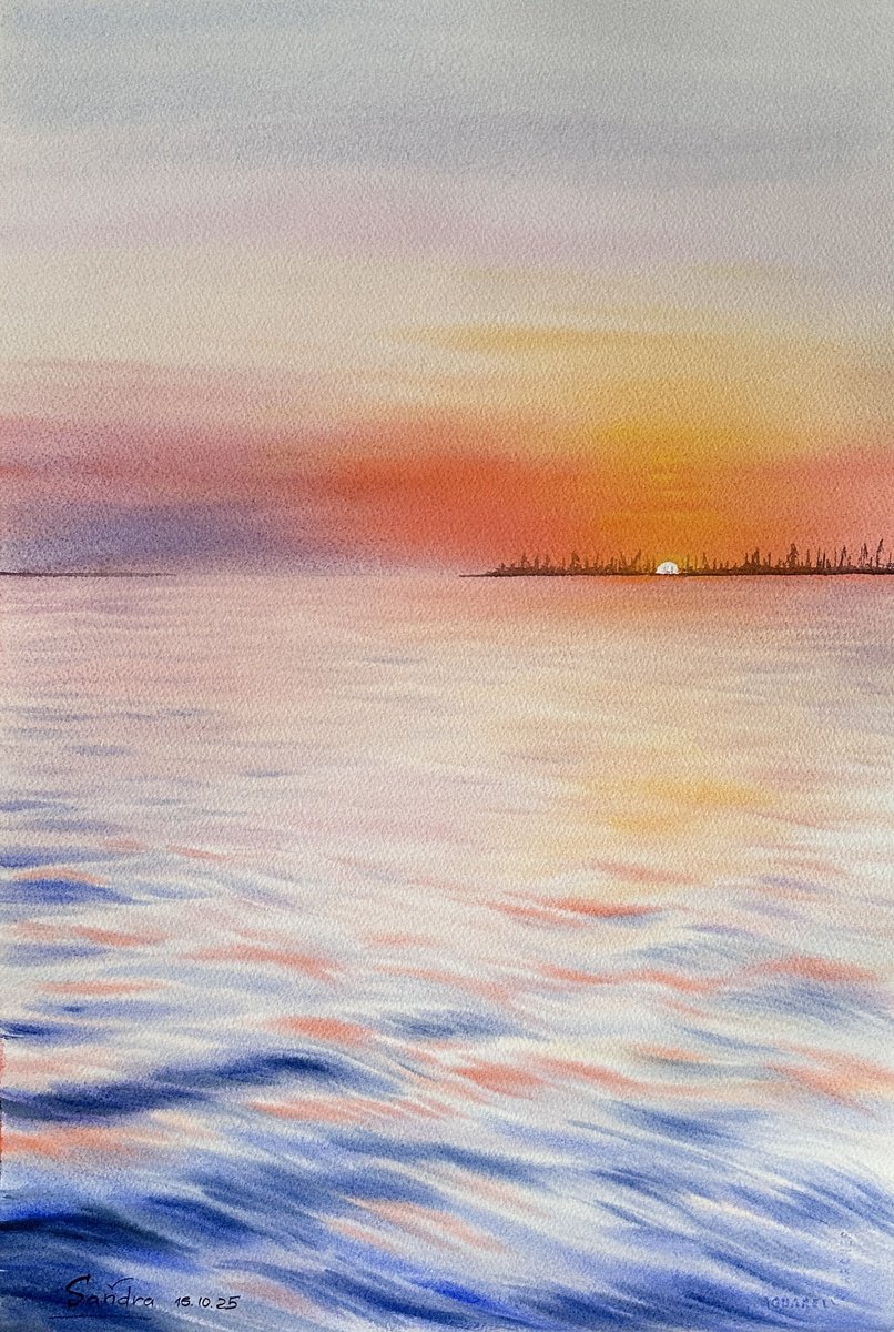 Photorealistic Watercolour , Tender Sea Sunset By Oleksandra Padushyna, 15 X 22, Artwork For Sale On Artfinder