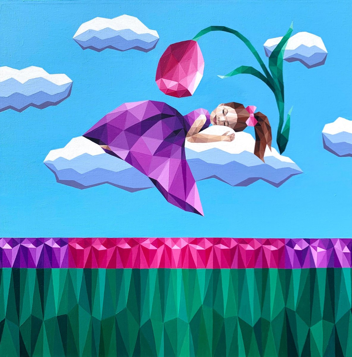 Girl In A Lilac Dress On A Cloud By Maria Tuzhilkina, 24 X 24, Artwork For Sale On Artfinder