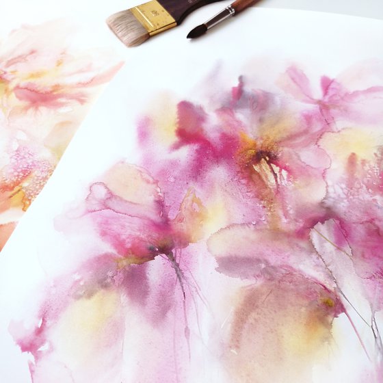 PINK WATERCOLOR PAINTING, LOOSE FLOWERS ART SAKURA