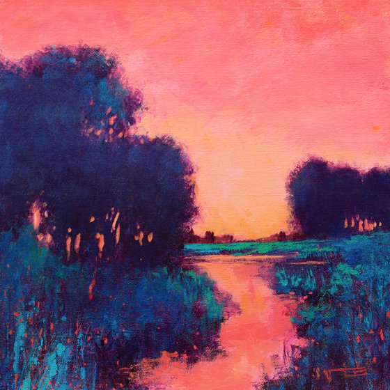 Magenta Sunset 221204, sunset landscape with field & trees