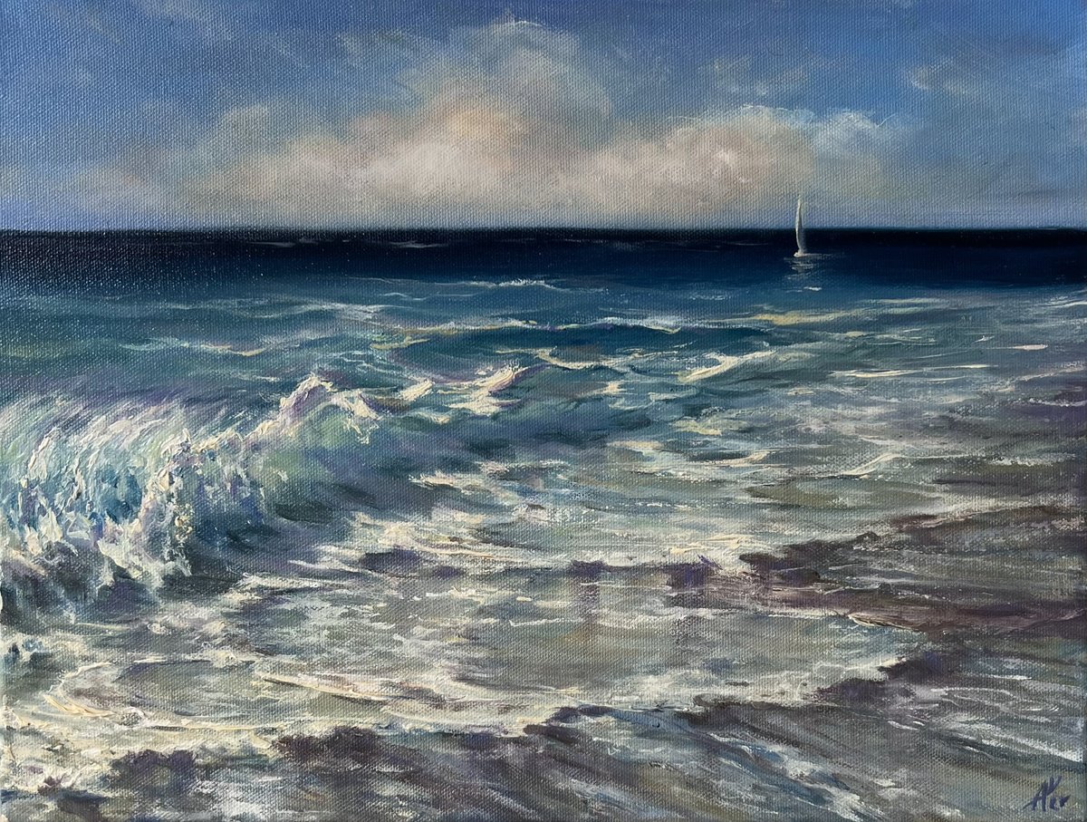 Photorealistic Landscape Oil Painting By Alesia Yeremeyeva, 16 X 12, Pacific Waves, Original Artwork