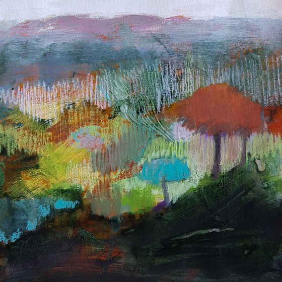 Melancholy in the sky - modern landscape - mixed media on paper - small size