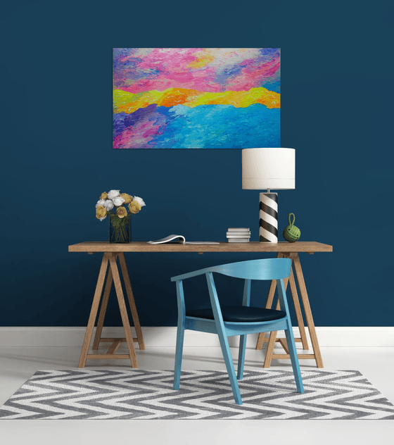 Awakening -  large, abstract colorful aerial sky painting; home, office decor; gift idea