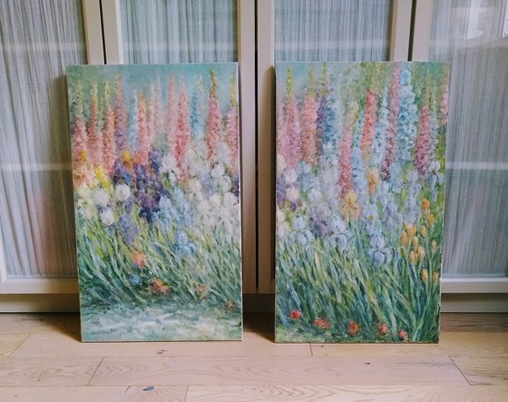 Diptych. Irises in the garden. Original oil panting.