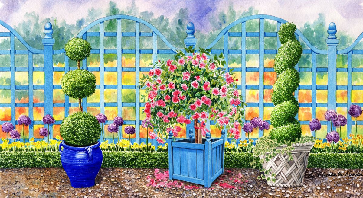 Impressionistic Botanical Watercolour By Zoe Elizabeth Norman, 17 X 9", Blue Trellis, Original Artwork