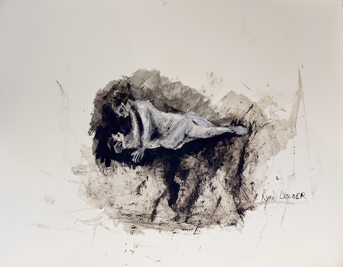 Impressionistic Portrait Ink Drawing By Ryan Louder, 20 X 16", The Embrace, Original Artwork