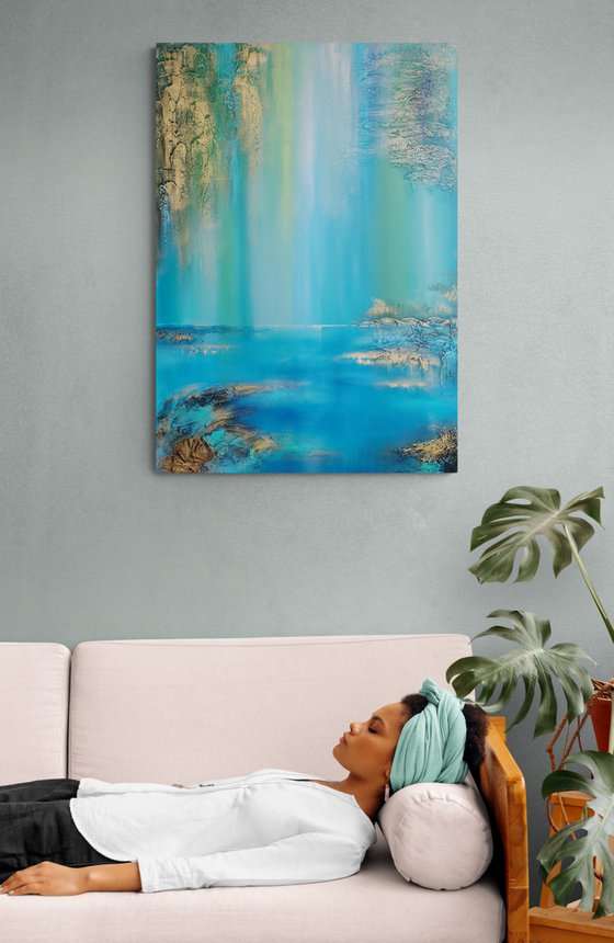 A XL large semi-abstract beautiful structured mixed media painting of a lake "Under the willow"