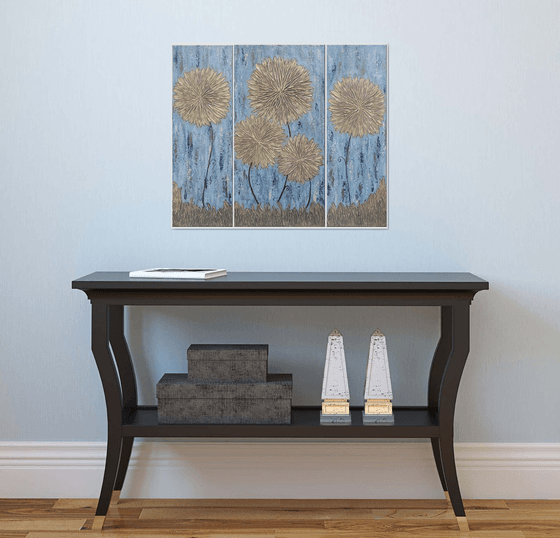 GOLD ASTERS WITH BLUE BACKGROUND (20X60, 30X60, 20X60size, texture, Modern art )