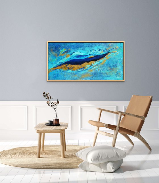 GOLDEN ORCA. Large Abstract Blue and Gold Contemporary Seascape, Ocean Waves Painting (61 x 122 cm). Modern Textured Art