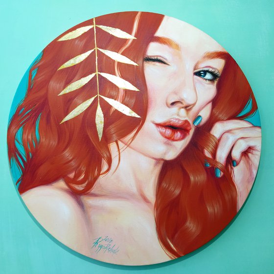 Original Artwork Woman Ginger Hair "Fiery Beauty" 24 in Round Frame Oil Acrylic Painting Sexiness Gold Art Portrait Romantic Pretty Red Hair