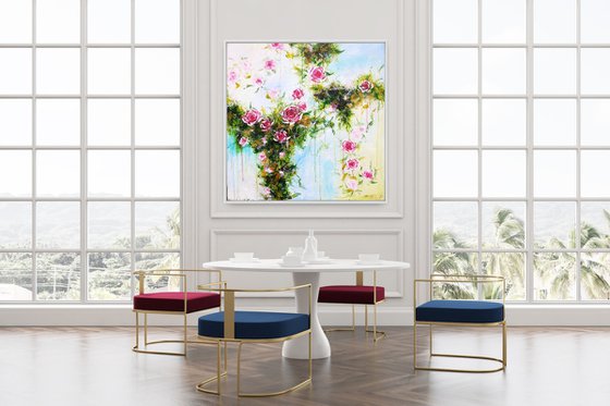 Trailing Roses Large Abstract Flower Painting 100x100cm 39x39" Modern Flower Painting Bedroom Decor Hotel Decor Pink and Greens Bright Artwork