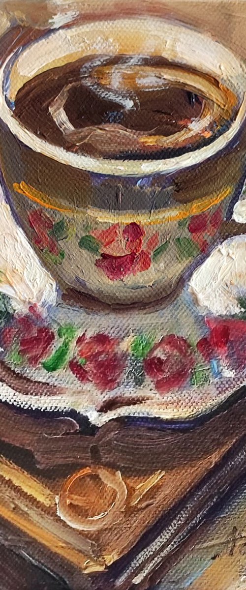 Coffee and book. Original oil painting by Natalia Miasnikova