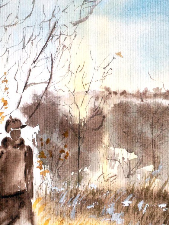 Fall Painting Landscape Original Art Walking Dog Watercolor Woman and Dog Artwork Autumn Stroll Artwork Home Wall Art 8 by 11" by Halyna Kirichenko