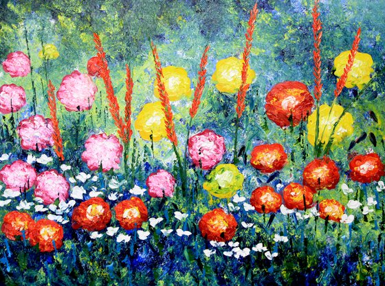 Red pink white white flowers painting original