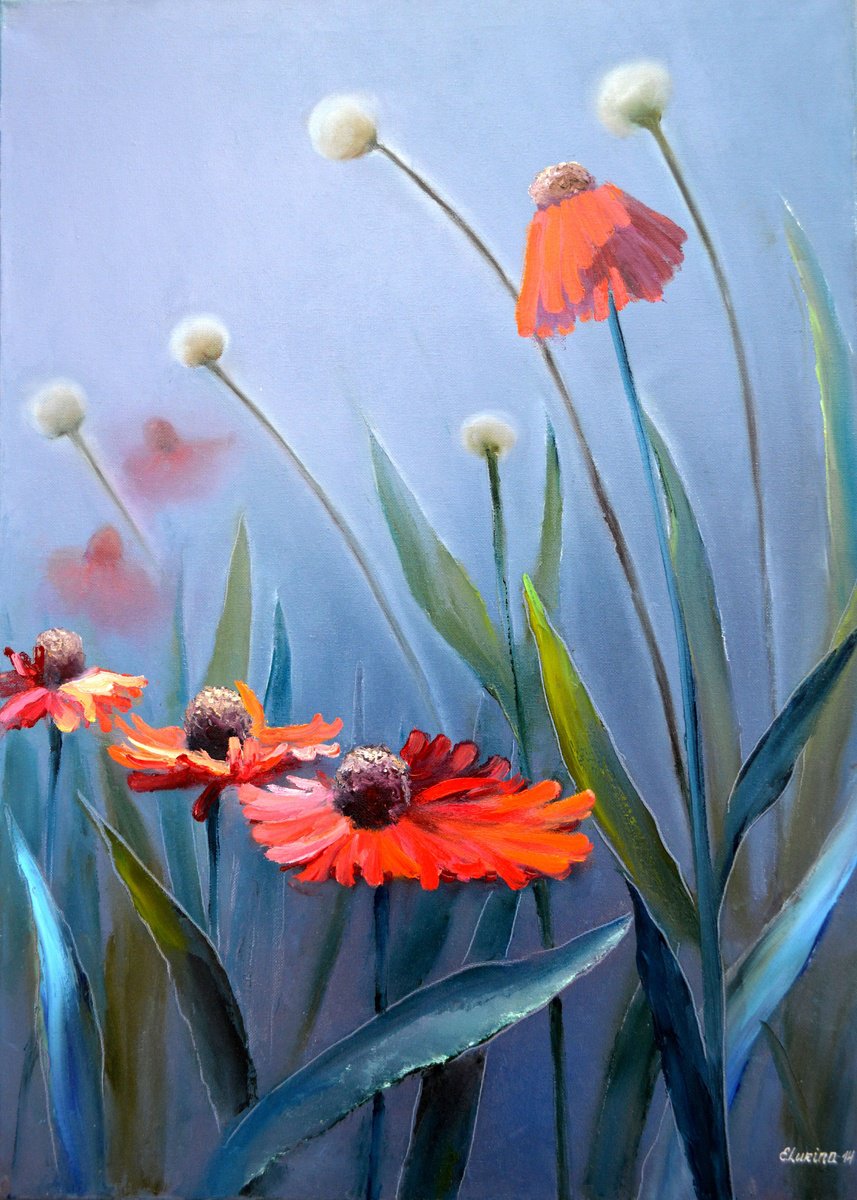 Expressive Botanical Oil Painting By Elena Lukina, 20 X 28, In Kingdom Of Gerbera, Original Artwork