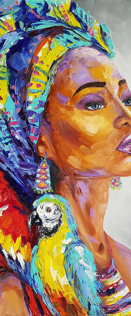 African woman - oil painting, Africa, african woman, woman oil painting, parrots, original oil painting by Anastasia Kozorez