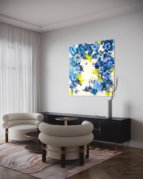 "Ultramarine Floral Harmony", XXL abstract flower painting