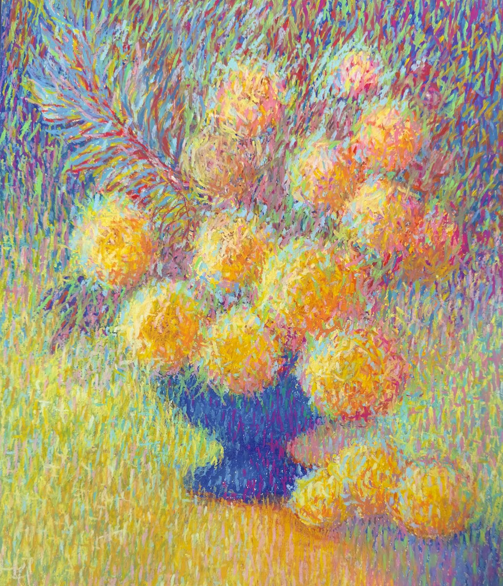 Impressionistic Botanical Pastel Drawing By Nataliia Zaharuk, 12 X 14", Blue Vase, Original Artwork