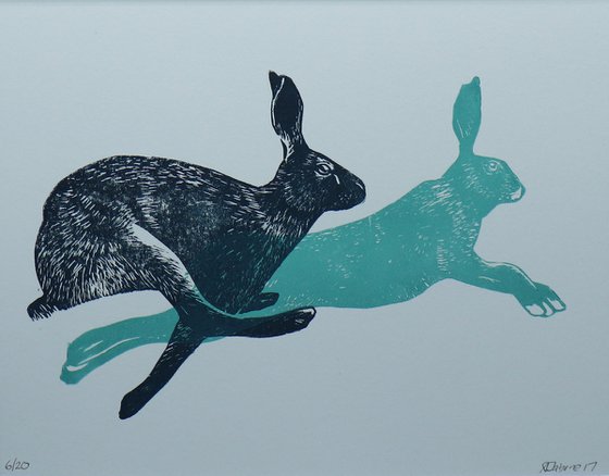 Running Hares Linocut, Mounted