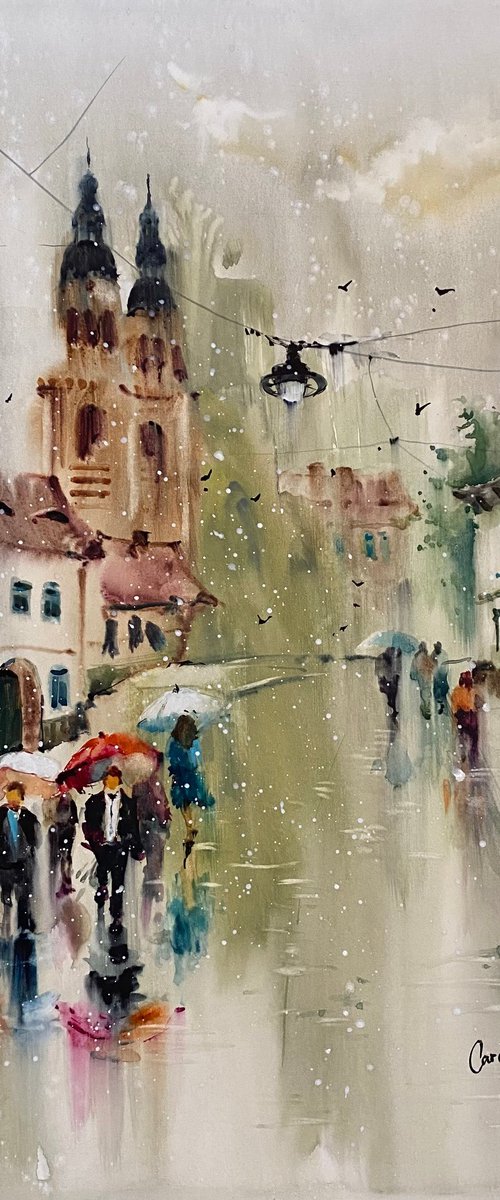Watercolor “Rainy day in Sibiu”, perfect gift by Iulia Carchelan