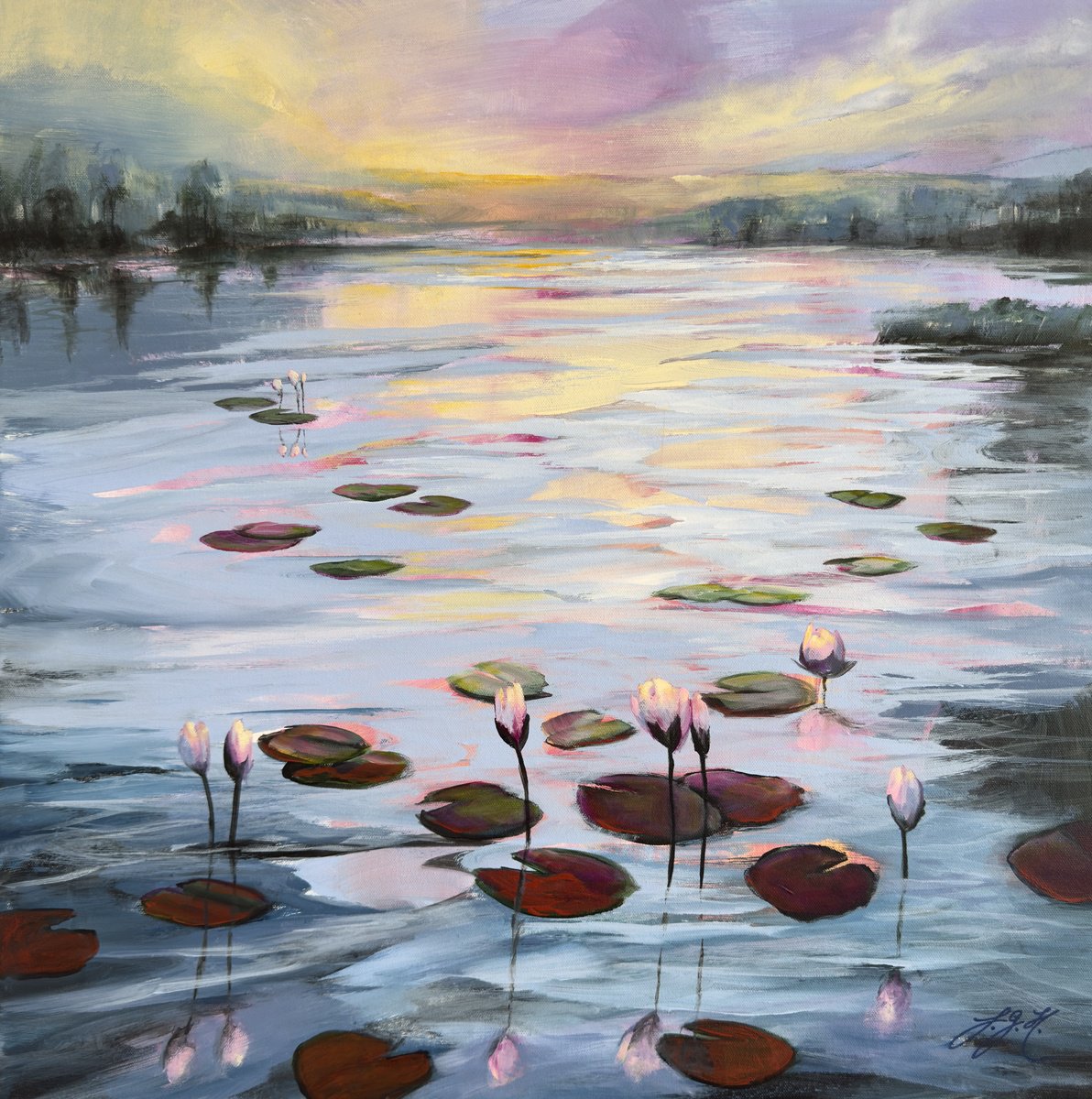 Impressionistic Landscape Acrylic Painting By Sandra Gebhardt-Hoepfner, 24 X 24", Water Lilies Land 1, Original Artwork