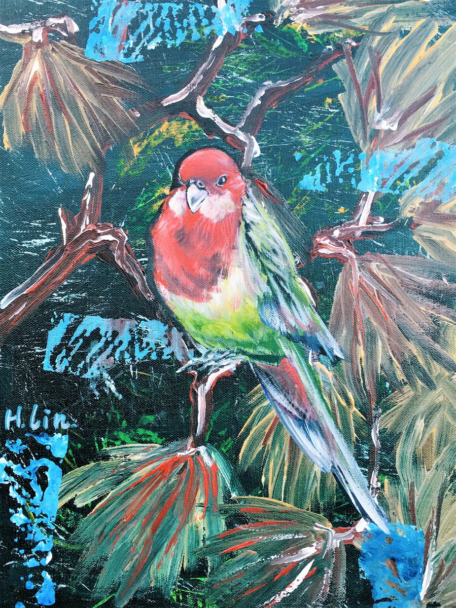 Photorealistic Animal Acrylic Painting By Hsin Lin, 12 X 16, Be A Rainbow In Your Clouds- Eastern Rosella, Original Artwork