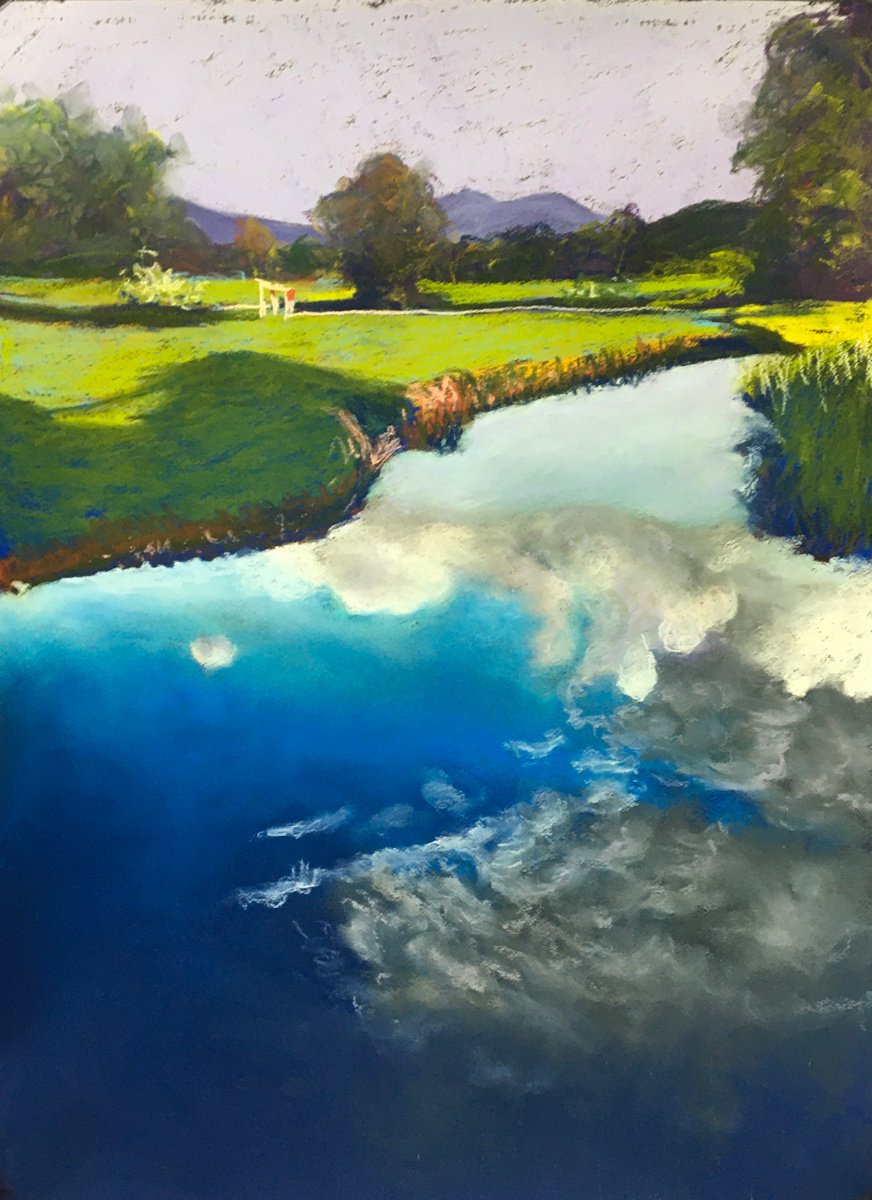 Impressionistic Landscape Pastel Drawing By John Cottee, 22 X 30, Fields Cloud Pond, Original Artwork