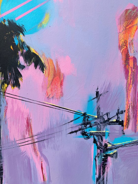 Pink artwork - "Flight to Los Angeles" - Pop Art - Violet painting - Palm - Street Art - Expressionism - Sunset