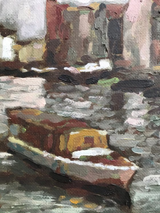 Original Oil Painting Wall Art Signed unframed Hand Made Jixiang Dong Canvas 25cm × 20cm Cityscape Amsterdam Boat Trip Amsterdam River House Small Impressionism Impasto