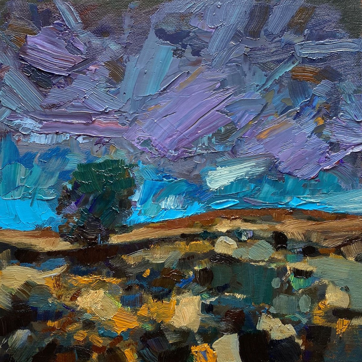 Impressionistic Landscape Oil Painting By Bohdan Vykhrenko, 10 X 10, Dark Clouds, Original Artwork