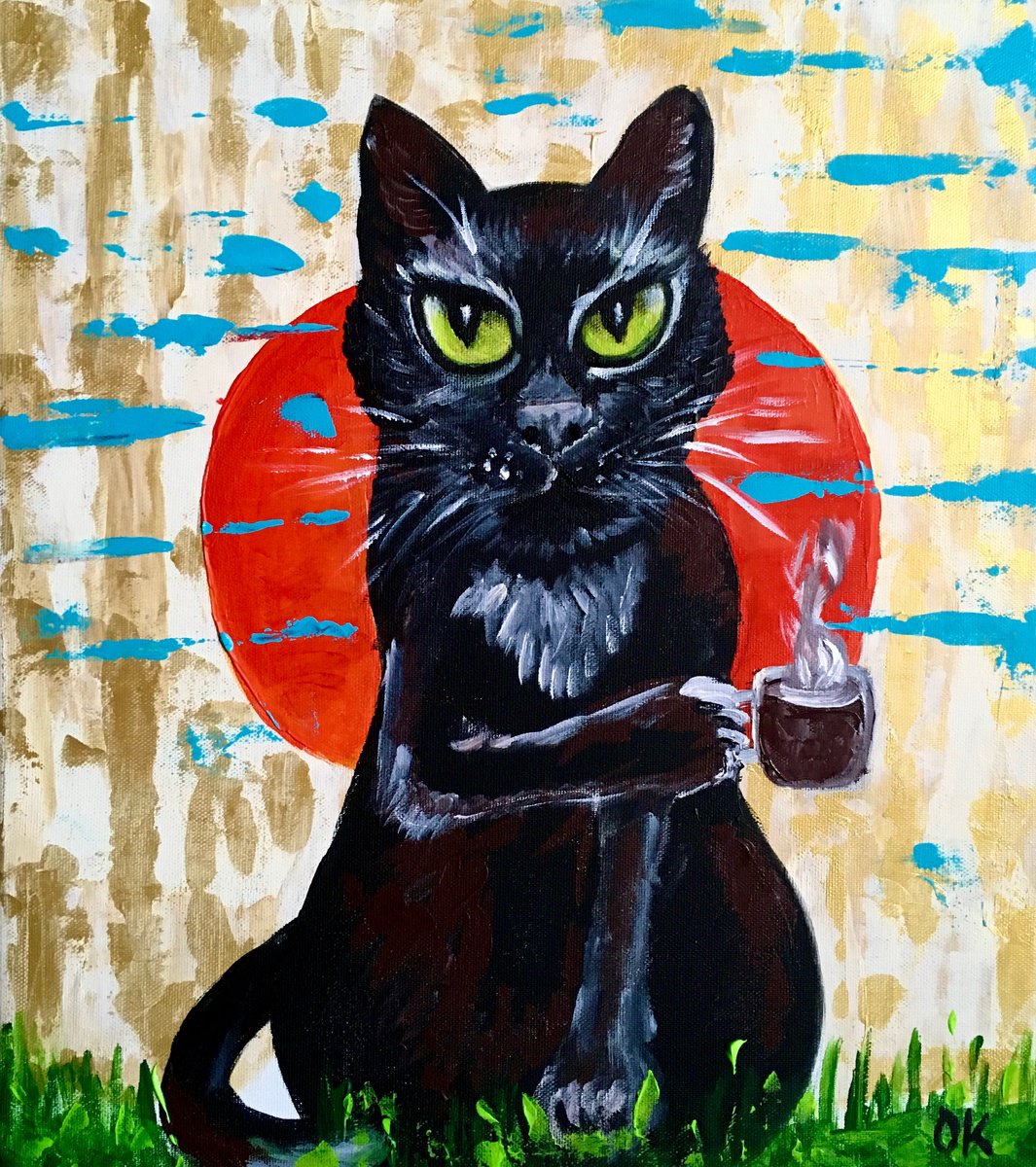 Morning Cat. Coffee time. Lucky cat brings positive emotions in your life. by Olga Koval