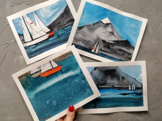 Set sailboat painting. Seascape