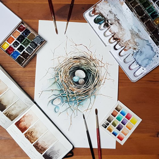 Nest with eggs, wildlife and birds painting