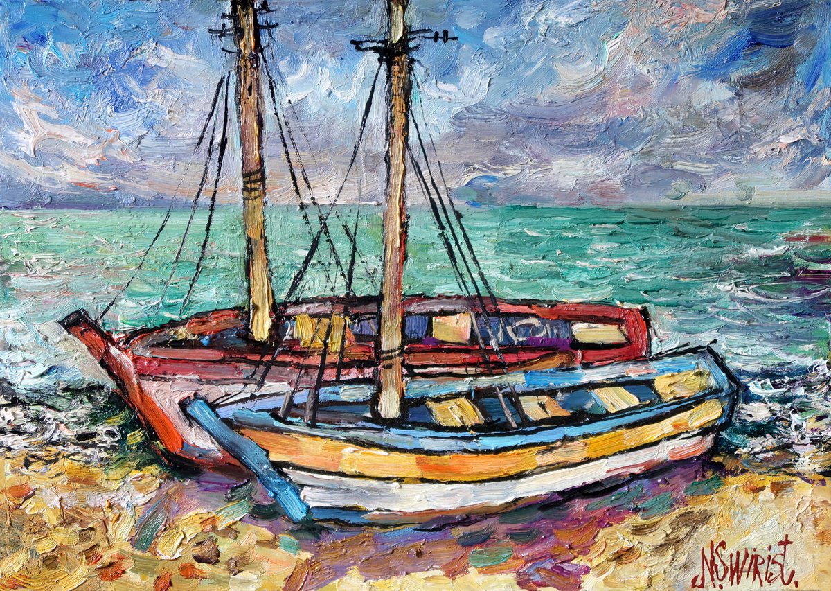Impressionistic Landscape Oil Painting By Nikifor Swiristuhin, 14 X 10", Boats Before The Storm, Original Artwork