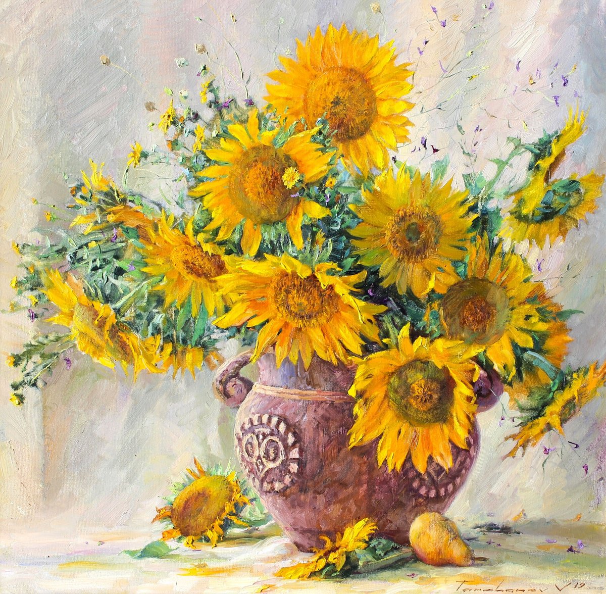 Impressionistic Still Life Oil Painting By Volodymyr Tarabanov, 28 X 28", 17 Sunflowers, Original Artwork