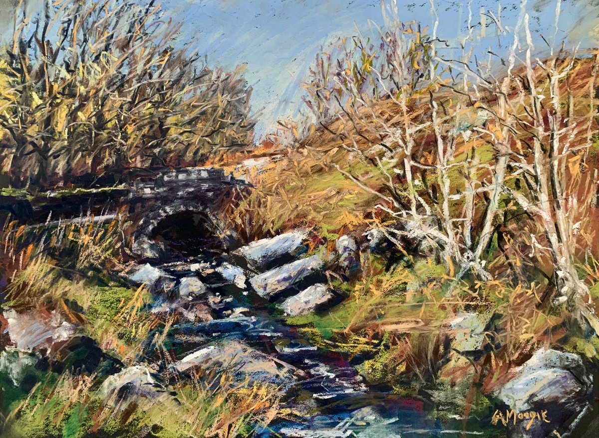 Impressionistic Landscape Pastel Drawing By Andrew Moodie, 14 X 10, Rocky Stream, Original Artwork
