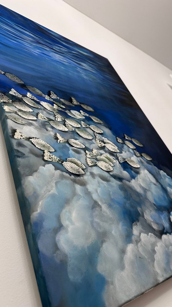 Surreal Ocean Painting with Vintage Lace Fish