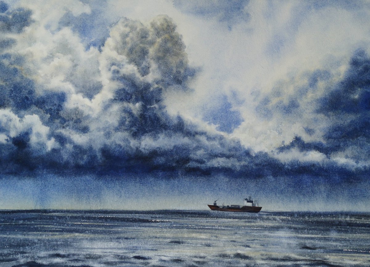 Sea and sky - seascapes - clouds - skyline by Olga Beliaeva Watercolour