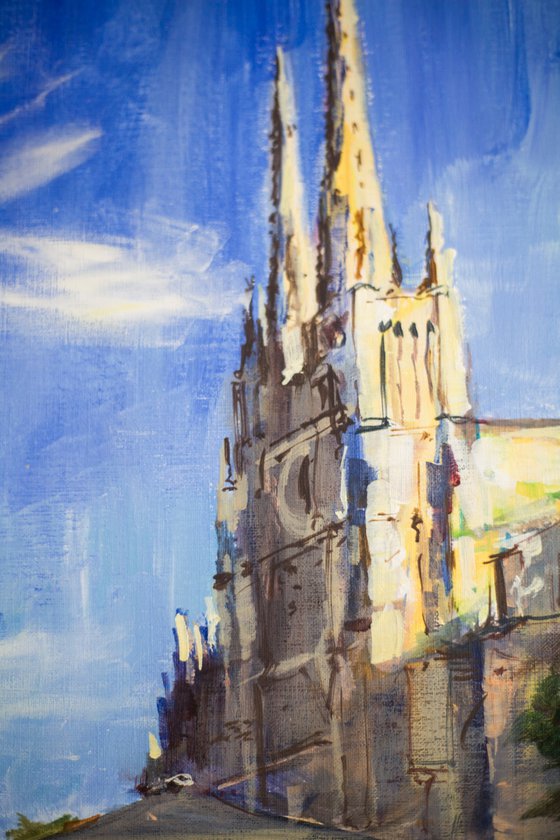 Bordeaux. Veiw of Cathedral with street cafe. Original acrylic painting france shade contrast